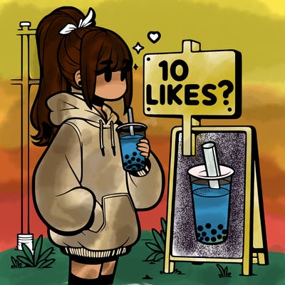 girl with oversized hoodie drinking boba and she has a high ponytail with a sign that says 10likes?
