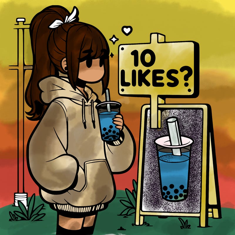 girl with oversized hoodie drinking boba and she has a high ponytail with a sign that says 10likes?