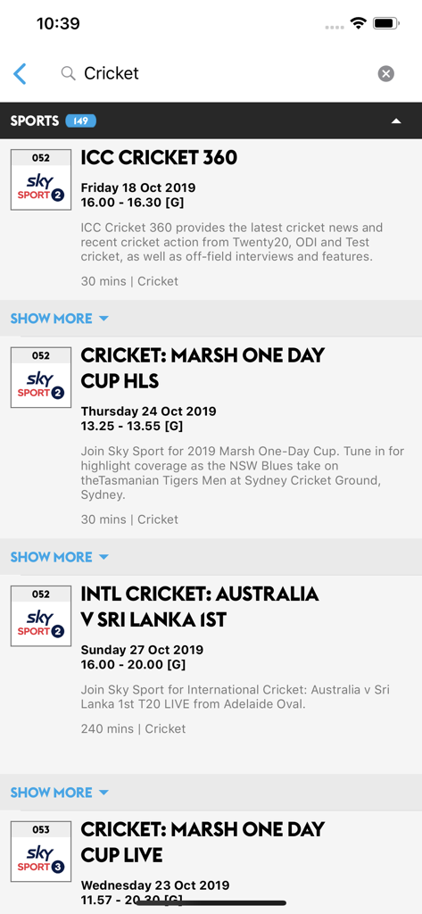 SKY TV GUIDE - La aplicación Sky TV Guide, resultados de búsqueda que muestran los próximos listados de partidos de cricket en los canales de Sky Sport