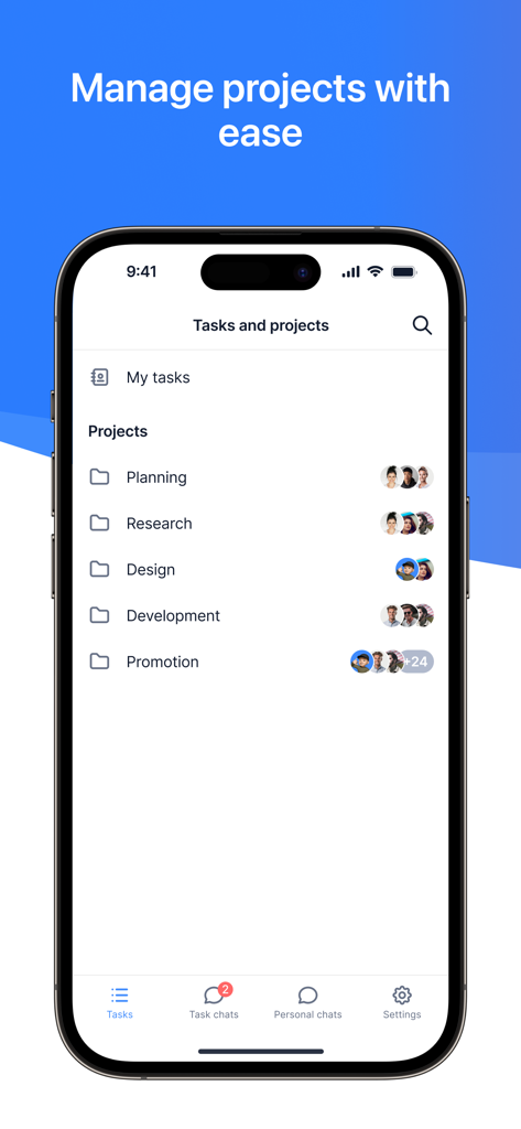 YouGile Mobile app screen showing a list of projects including Planning Research and Design