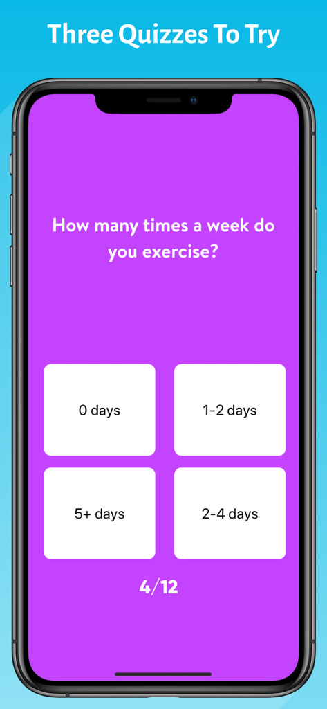 A mobile screen showing a lifestyle quiz question about exercise frequency with four multiple choice options