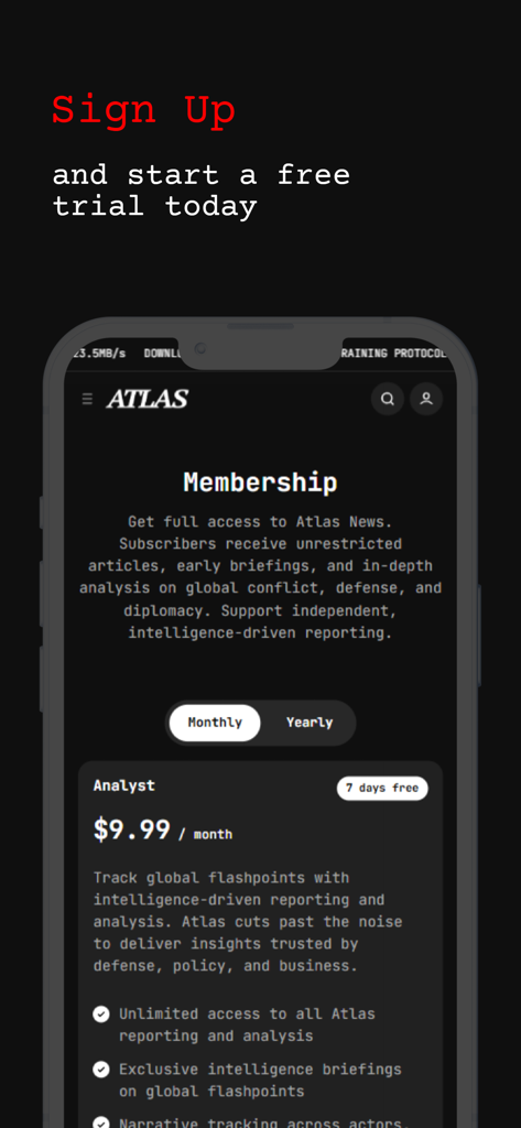 The Atlas News app membership screen showing the Analyst subscription plan and features list
