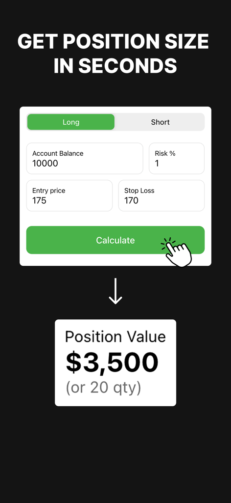 Interface of the Position Size Calculator Pro app showing a trade risk calculation and result