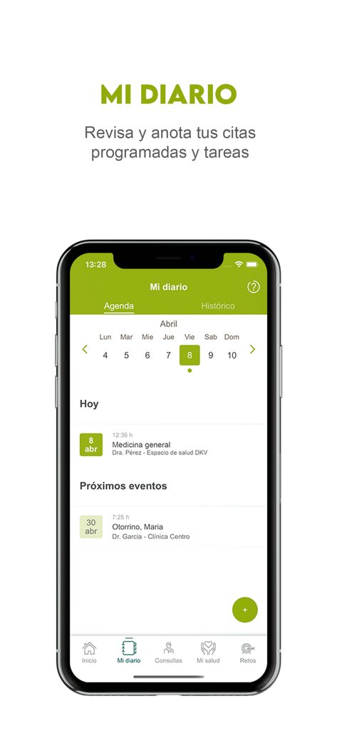 DKV Quiero cuidarme Más - Mobile app screen showing the medical diary and health appointment calendar for DKV Quiero cuidarme Mas.