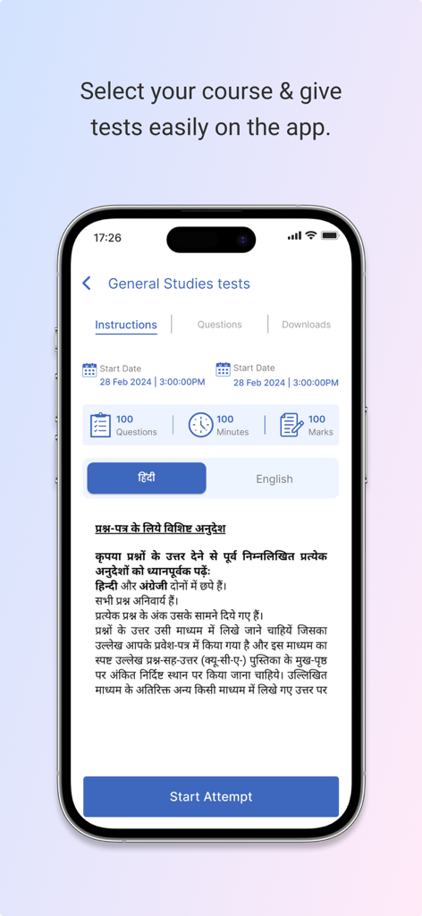 Drishti Learning App - General Studies test instruction screen on the Drishti Learning App showing questions and time limits