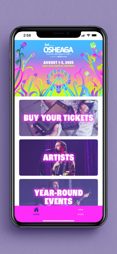 Osheaga - Startbildschirm der Osheaga 2025 App, der Ticket- und Künstleroptionen anzeigt