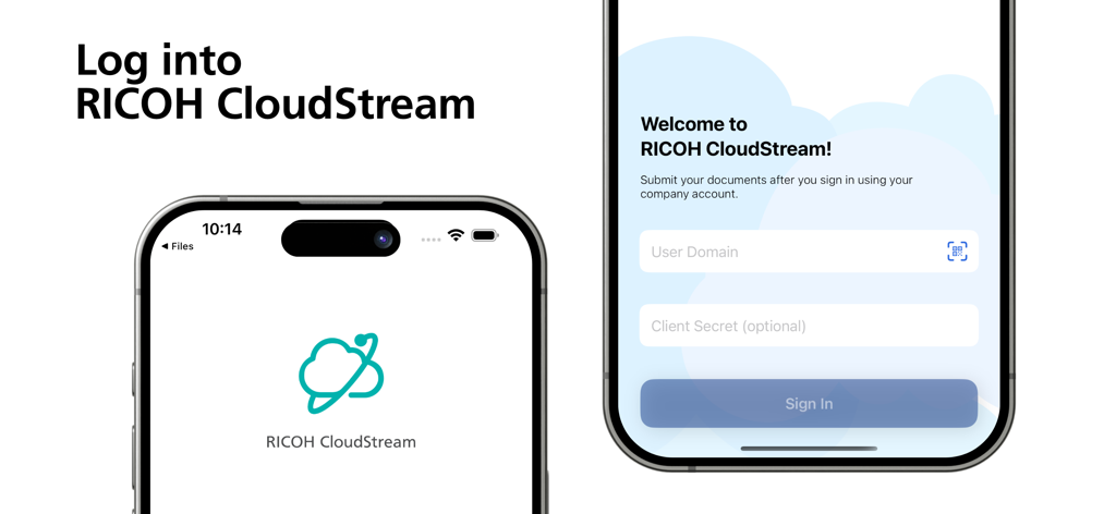 RICOH CloudStream - Login screen of the RICOH CloudStream mobile app showing user domain and sign in fields