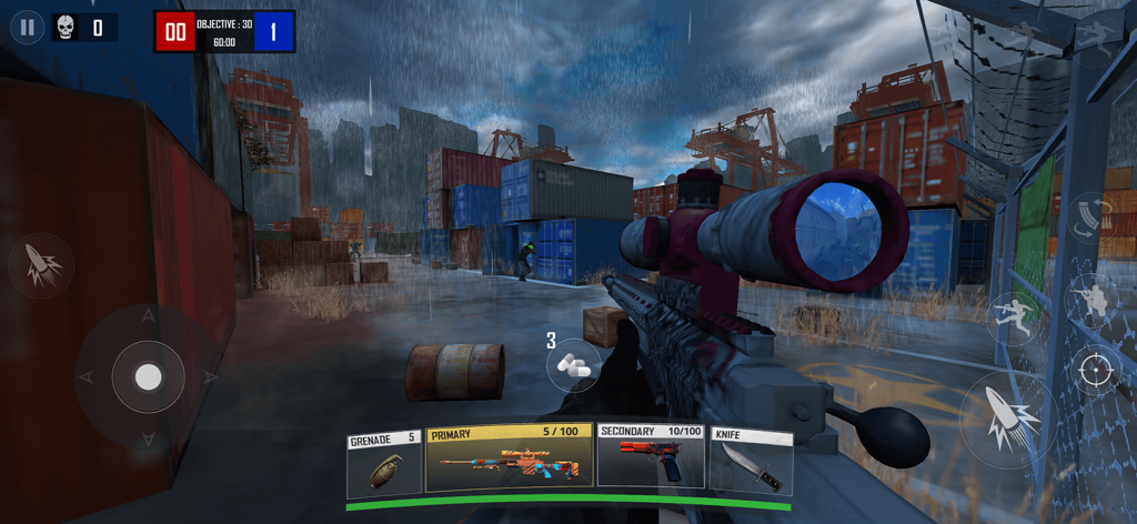 First person perspective of a sniper rifle in a rainy industrial shipping yard in WarStrike shooting game