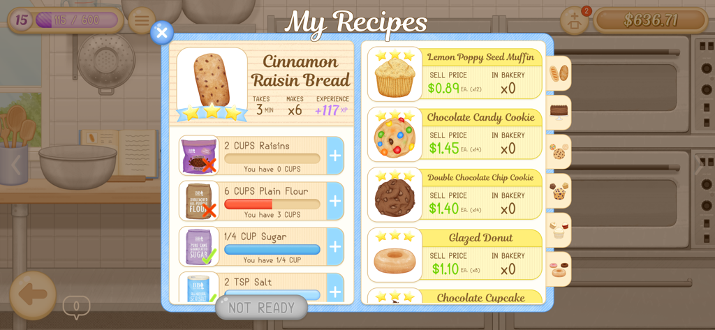 Baker Business 3 - Baker Business 3 recipe menu showing ingredients for cinnamon raisin bread and other baked goods