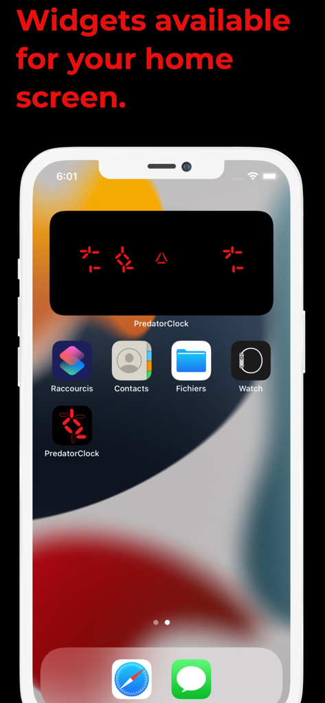 Predator Clock - Alien time - Predator Clock widget on an iPhone home screen displaying red alien symbols