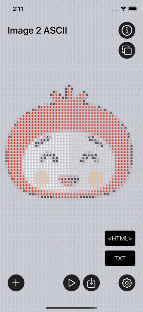 Una captura de pantalla de la interfaz de la aplicación Imagen a Arte ASCII que muestra un personaje lindo renderizado en arte ASCII de colores con opciones de exportación HTML y texto.