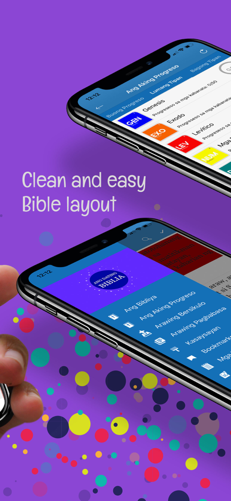 A clean and easy to use Tagalog Bible app interface shown on two smartphones