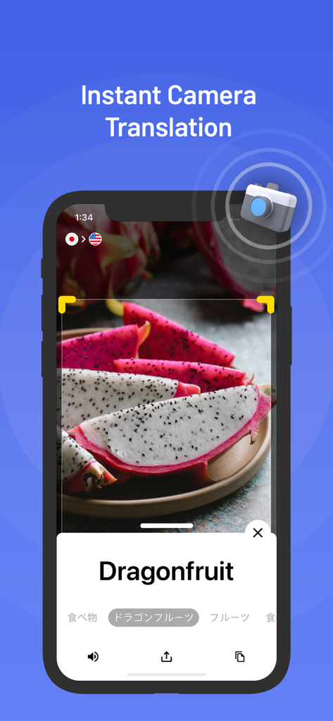 Interface do app Translator X PRO mostrando tradução instantânea por câmera de uma pitaia