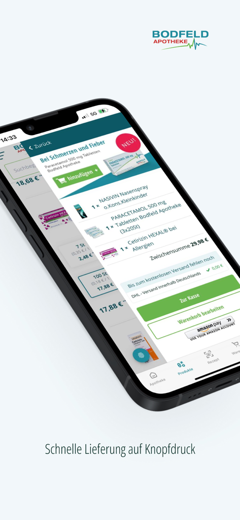 Bodfeld Apotheke e.K. - Bodfeld Apotheke App-Oberfläche mit einem Einkaufswagen mit Medikamenten und Schaltflächen zur Kasse