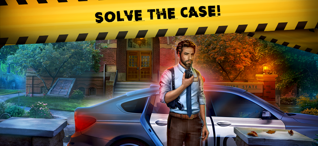 A detective stands by a police car at a crime scene with the text Solve the Case