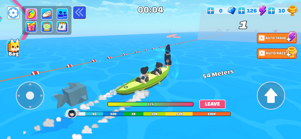 Kayak Master - Gameplay screen of Kayak Master showing characters paddling a kayak past a shark on the ocean.