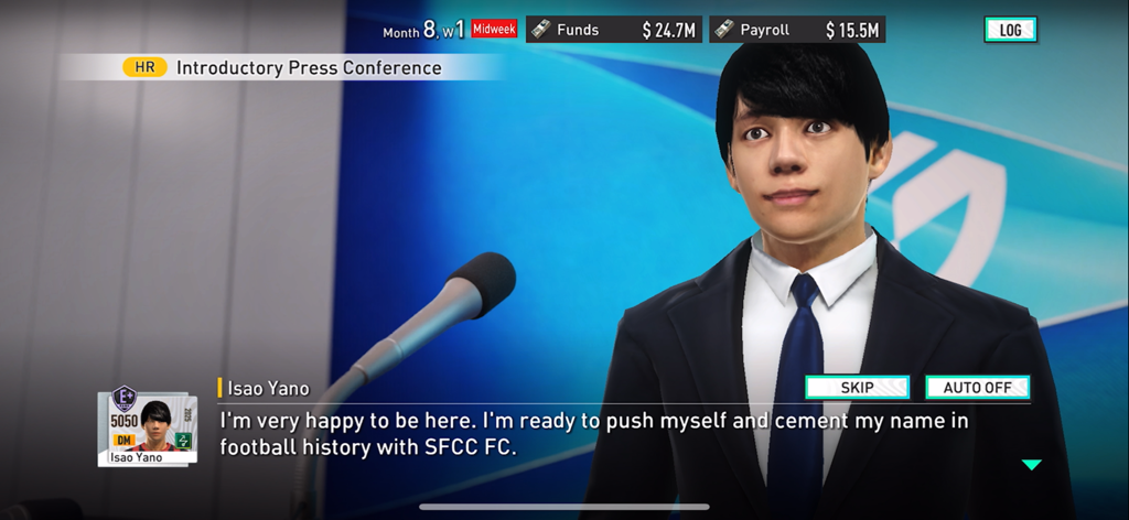 Isao Yano speaking at an introductory press conference in SEGA Football Club Champions.