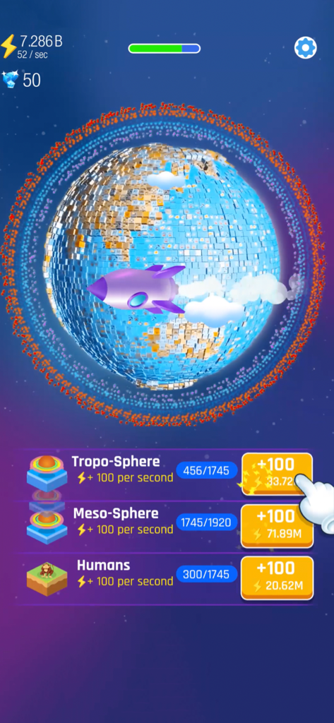 Gameplay screenshot of Idle World showing earth evolution with atmosphere upgrades and a rocket orbiting the planet