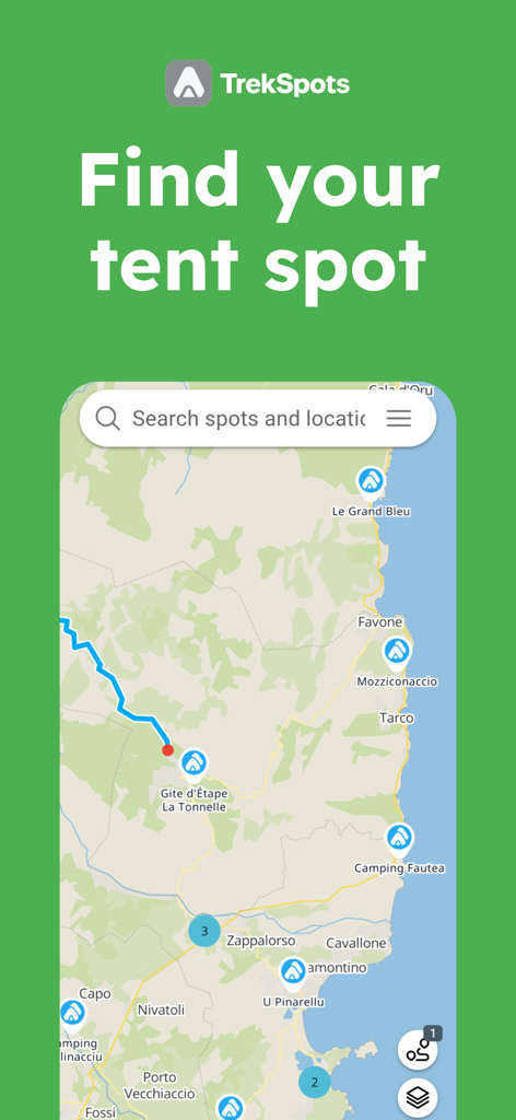 TrekSpots mobile app map displaying tent camping spots and a hiking route.