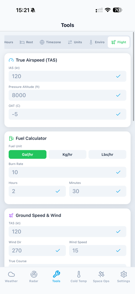 SkyPilot Pro app interface displaying True Airspeed, Fuel, and Ground Speed calculators for pilots.