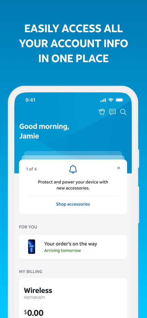 Screenshot of the myAT&T app account dashboard showing wireless billing information and order tracking status