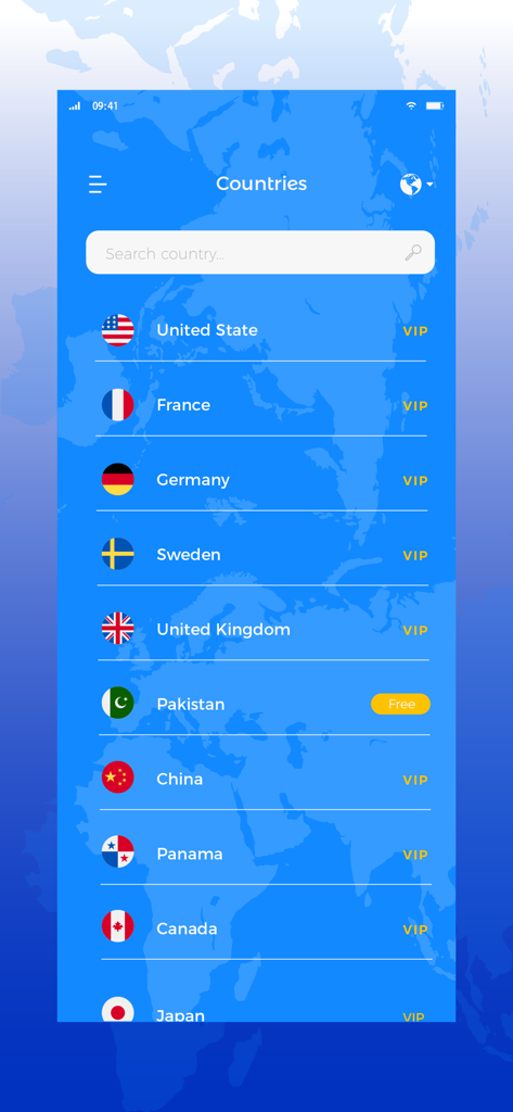 Noon VPN - Tela de seleção de localização de servidores da Noon VPN