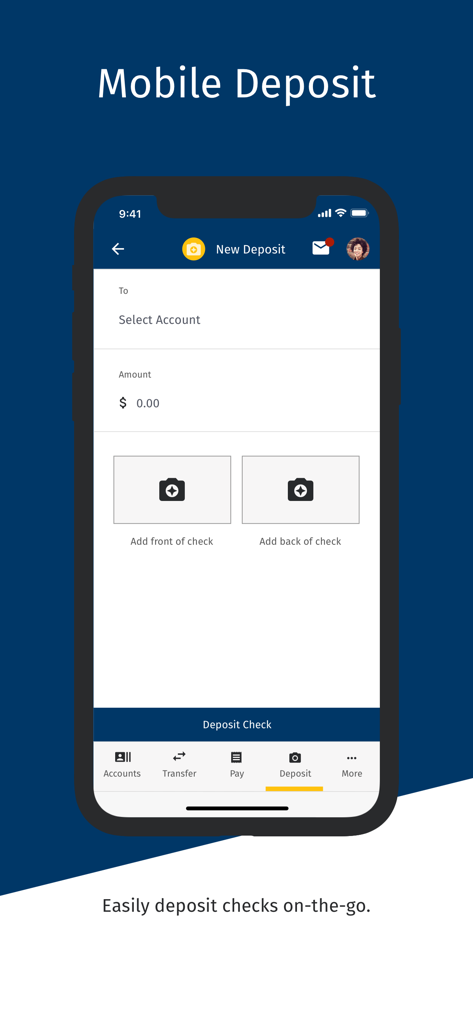 Interface for depositing checks remotely on the ACU of Texas Mobile Banking app