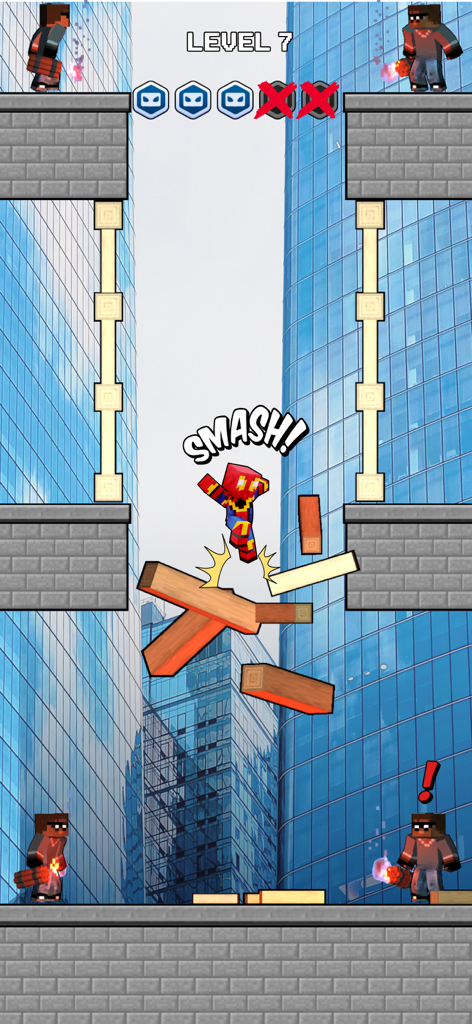 Mr Spider Hero Shooting Puzzle - Un eroe ragno pixelato che sfonda ostacoli di legno in un livello cittadino.