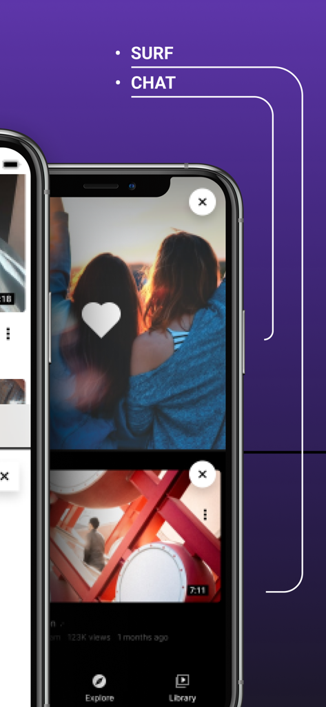 Split Screen Window: Multiple - A smartphone screen divided into two windows showing a photo gallery and a video player simultaneously with labels for surfing and chatting.