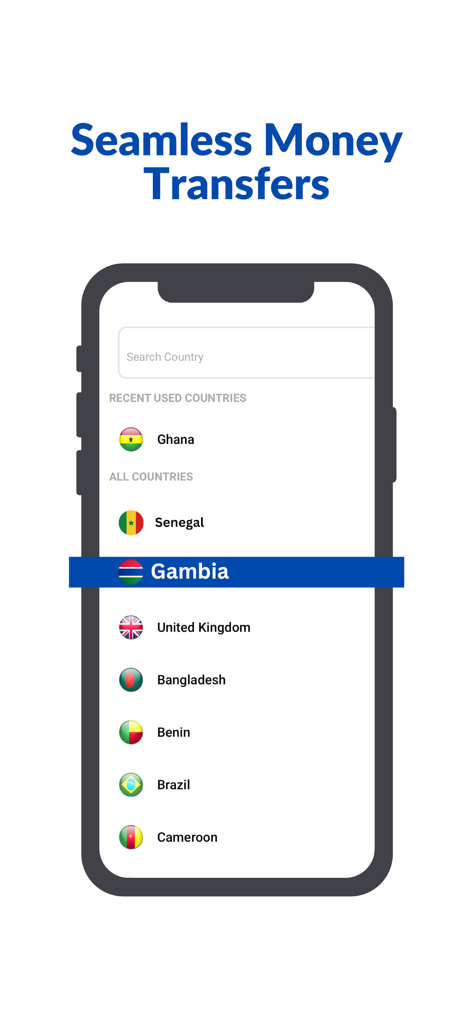 Supersonicz - A mobile phone screen showing the Supersonicz app with a list of countries for international money transfers including Gambia and Ghana.