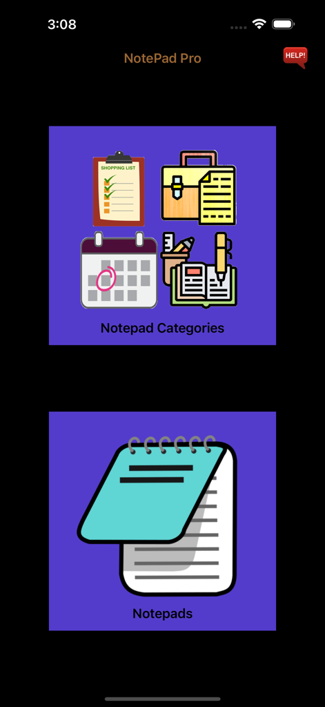 NotePad-Pro - Main menu of the NotePad Pro app showing buttons for Notepad Categories and Notepads.