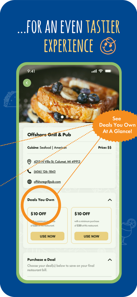 A mobile app interface from Restaurant.com showing a list of owned dining deals and discount coupons for a local grill and pub.