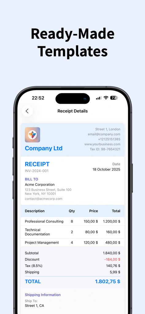 Plantilla de recibo profesional lista para usar en la aplicación 2Go Invoice Maker