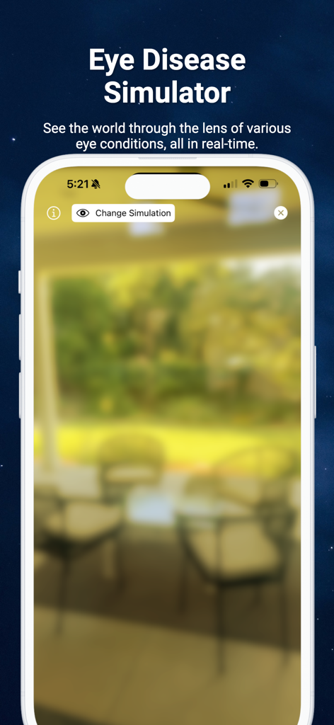 Eye Disease Simulator app showing a real-time vision impairment simulation on a smartphone.