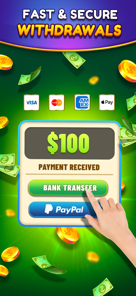 Secure cash withdrawal screen showing options for bank transfer and PayPal with logos for Visa Mastercard and Apple Pay