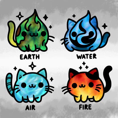 4 cats that represent the different elements, earth, water, air, and fire