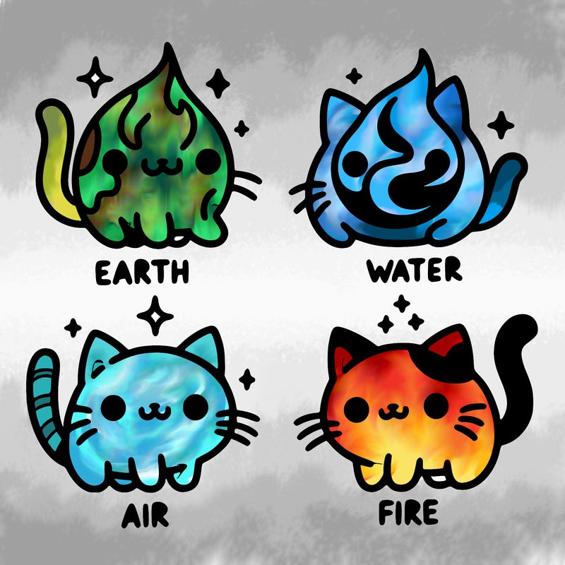 4 cats that represent the different elements, earth, water, air, and fire