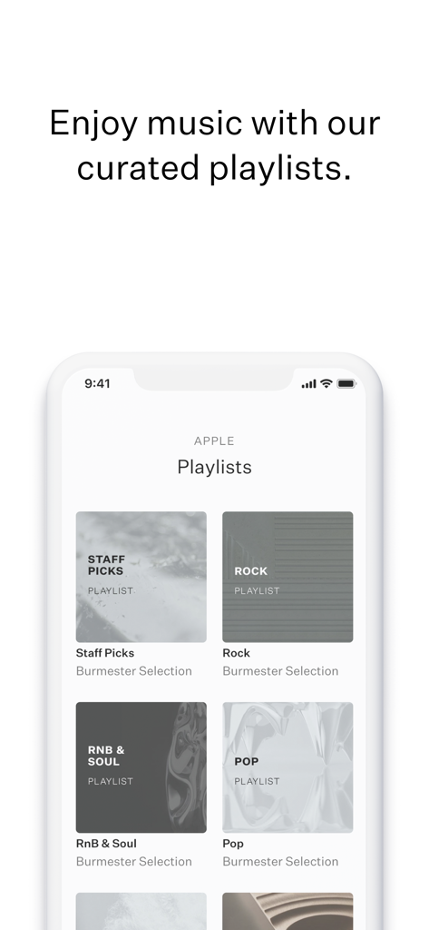 Burmester Soundcheck MB - Interface of Burmester Soundcheck MB app showing curated Apple Music playlists like Rock and RnB