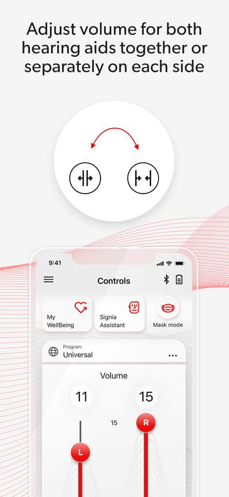 Signia app interface showing independent volume sliders for left and right hearing aids