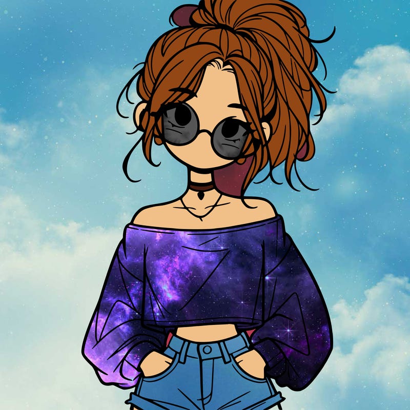 girl with a messy ponytail glasses a baggy crop top and jean shorts