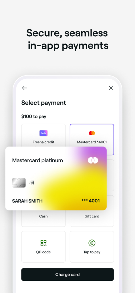 Options de paiement sécurisées dans l'application sur l'interface mobile Fresha pour les entreprises