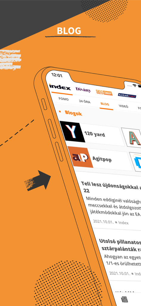 Index.hu - Interfaccia dell'app mobile Index.hu che mostra il feed dei blog ungheresi.