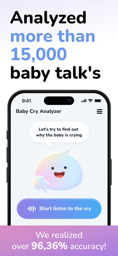 Cry Analyzer + Baby Translator - Interface do aplicativo AYA para análise de choro de bebê apresentando um mascote amigável e uma reivindicação de alta precisão.