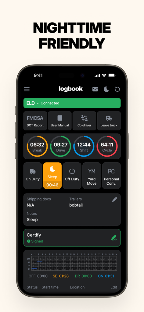 ELD Hub App Logbuchbildschirm im Dark Mode, der die Dienstzeit und Zeitgeber des LKW-Fahrers anzeigt
