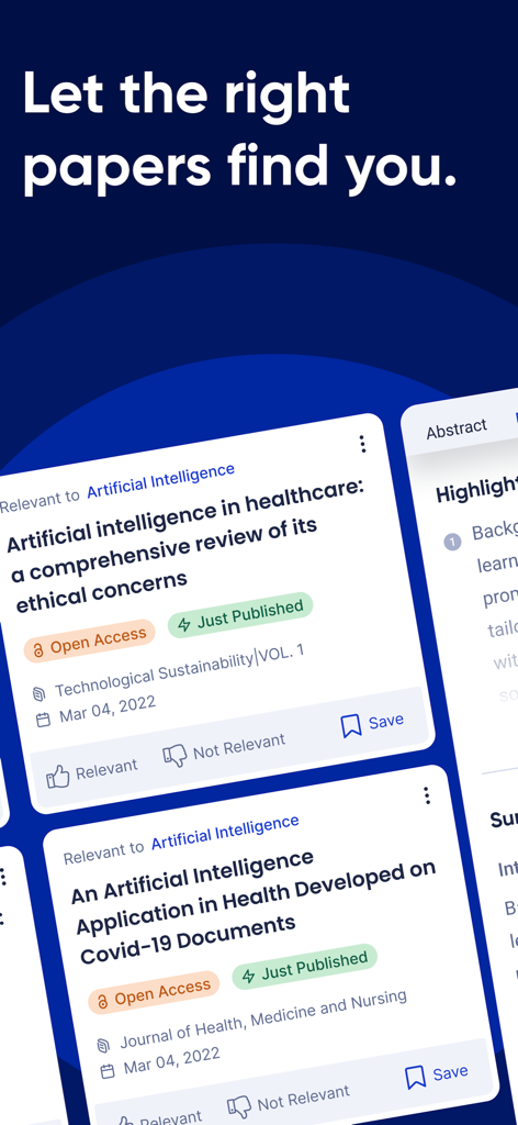 R Discovery: Academic Research - R Discovery app interface showing a personalized feed of academic research papers with titles and relevance tags