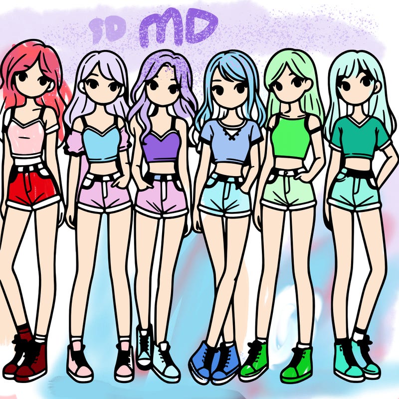 a group of girls wearing crop tops and shorts