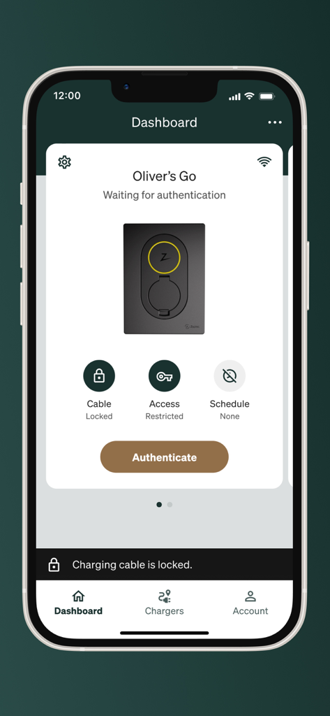 Zaptec - Zaptec mobile app dashboard showing EV charger status and authentication prompt