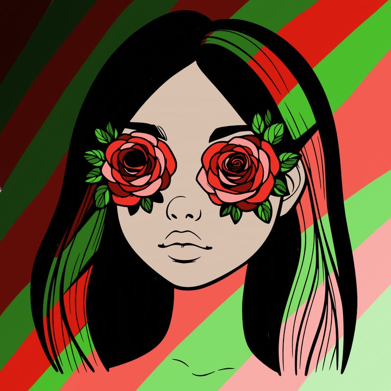 a realistic girl with roses for eyes