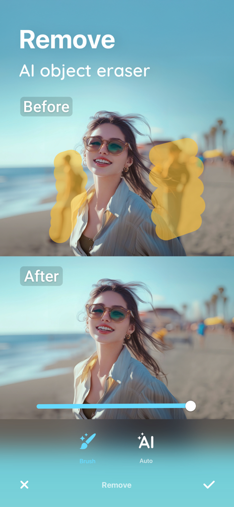 A before and after comparison showing the AI object eraser feature in Peachy removing unwanted people from a beach photo background.