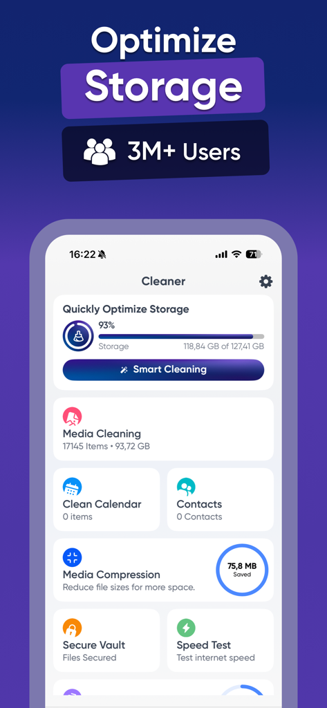 Cleaner ・Phone Storage Cleanup - スマホのストレージ最適化とメディアファイル管理のためのCleanerアプリのインターフェース